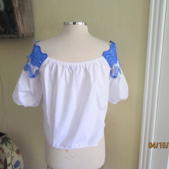 White Blue Peasant Boho Top Few Moda S M Baby Doll - Picture 5 of 5